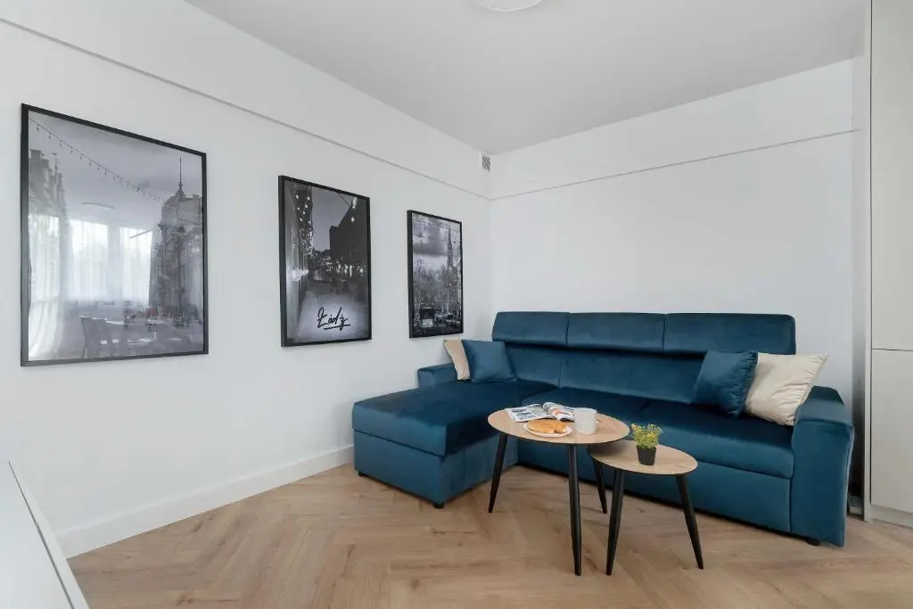 Image of Blue and White Apartment in Łódź with Furnished Balcony by Noclegi Renters